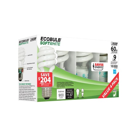 Feit Electric Feit Ecobulb 13 W A19 1.52 in. D X 3.6 in. L CFL Bulb Soft White Utility 2700 K 4 pk ESL13T/4